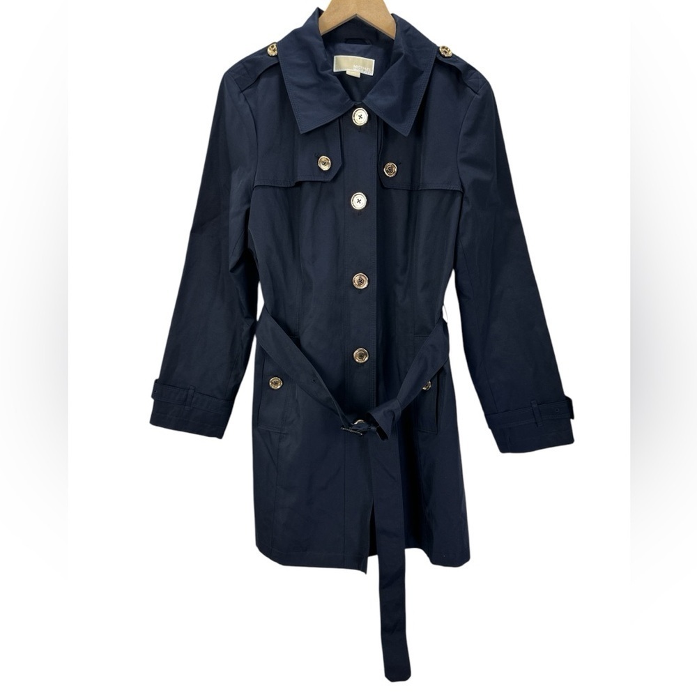 Michael Michael Kors Single Breasted Cotton Blend Hooded Trench Coat Gold Button